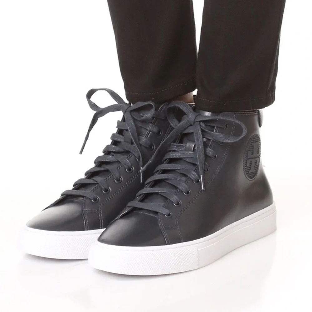Tory Burch Navy High-Top Nola leather Sneakers Lace up white soles Sz‎ 10